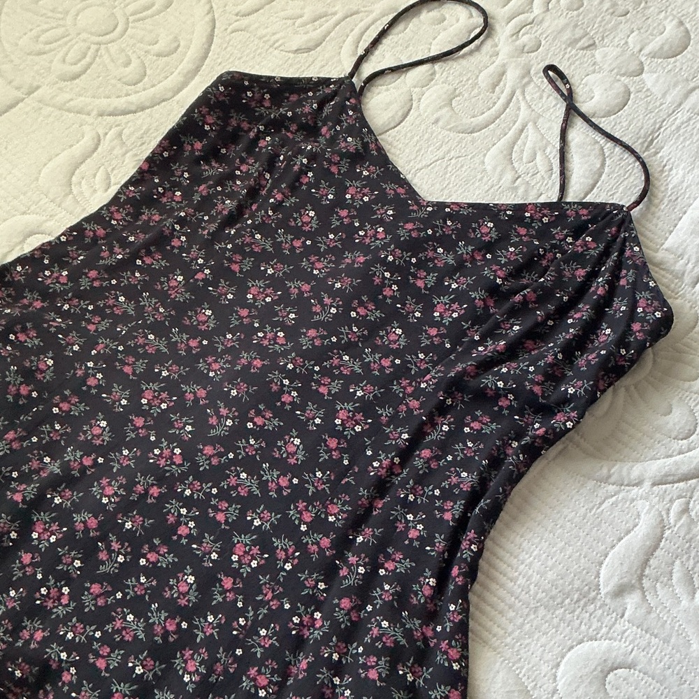 Vintage Plaza South Black/Pink Floral Summer Midi Dress with Spaghetti Straps